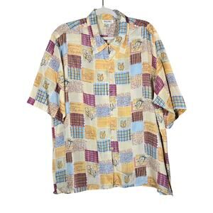 Bogari Silk Blouse Women 20W Yellow Floral Print Button Front Artsy Short Sleeve